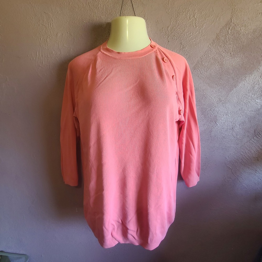 Finity Ribbed Knit Top Women XL Coral Pink Shoulder Button Raglan 3/4 Sleeve